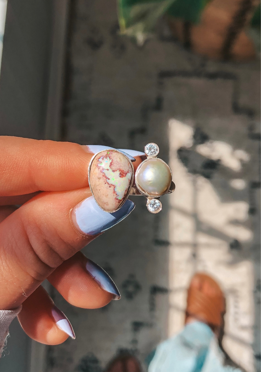 OPAL & PEARL Open Band Ring // Mexican Fire Opal // Freshwater Pearl / Size 8.5-9.5