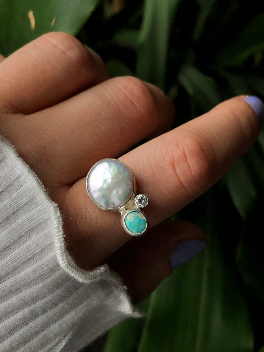 PERLA // Size 7.5-8 // Freshwater Pearl Cluster Ring // Turquoise