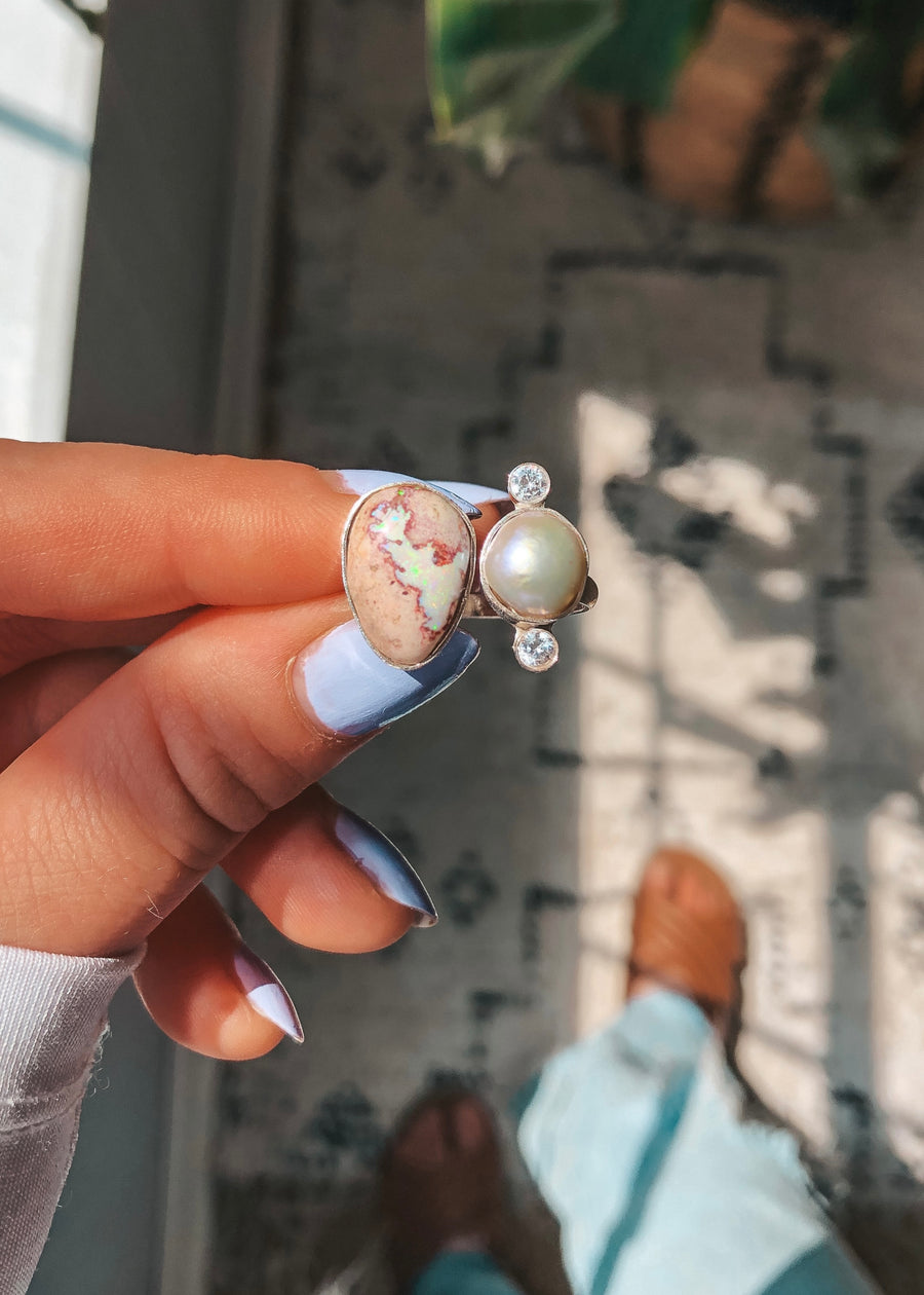 OPAL & PEARL Open Band Ring // Mexican Fire Opal // Freshwater Pearl / Size 8.5-9.5