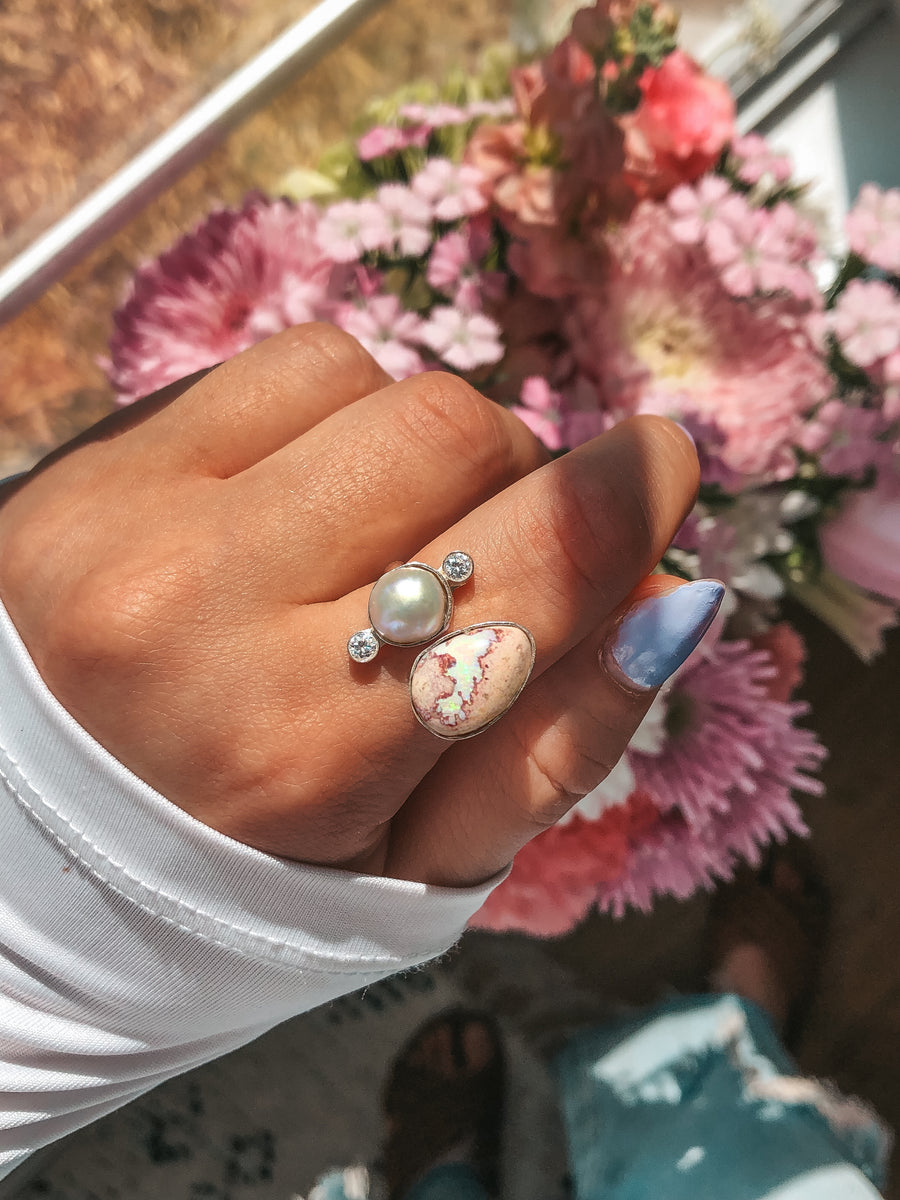 OPAL & PEARL Open Band Ring // Mexican Fire Opal // Freshwater Pearl / Size 8.5-9.5