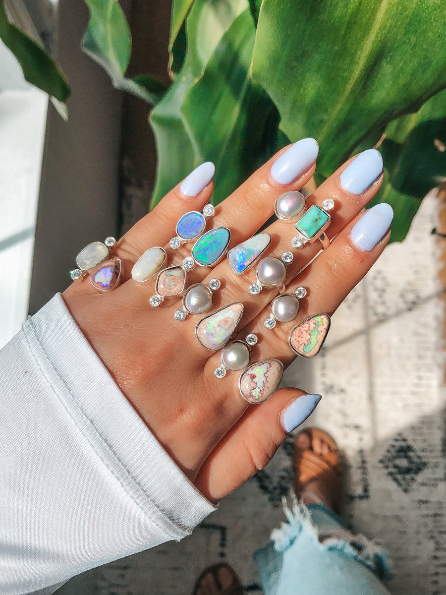 OPAL & PEARL Open Band Ring // Mexican Fire Opal // Freshwater Pearl / Size 8.5-9.5