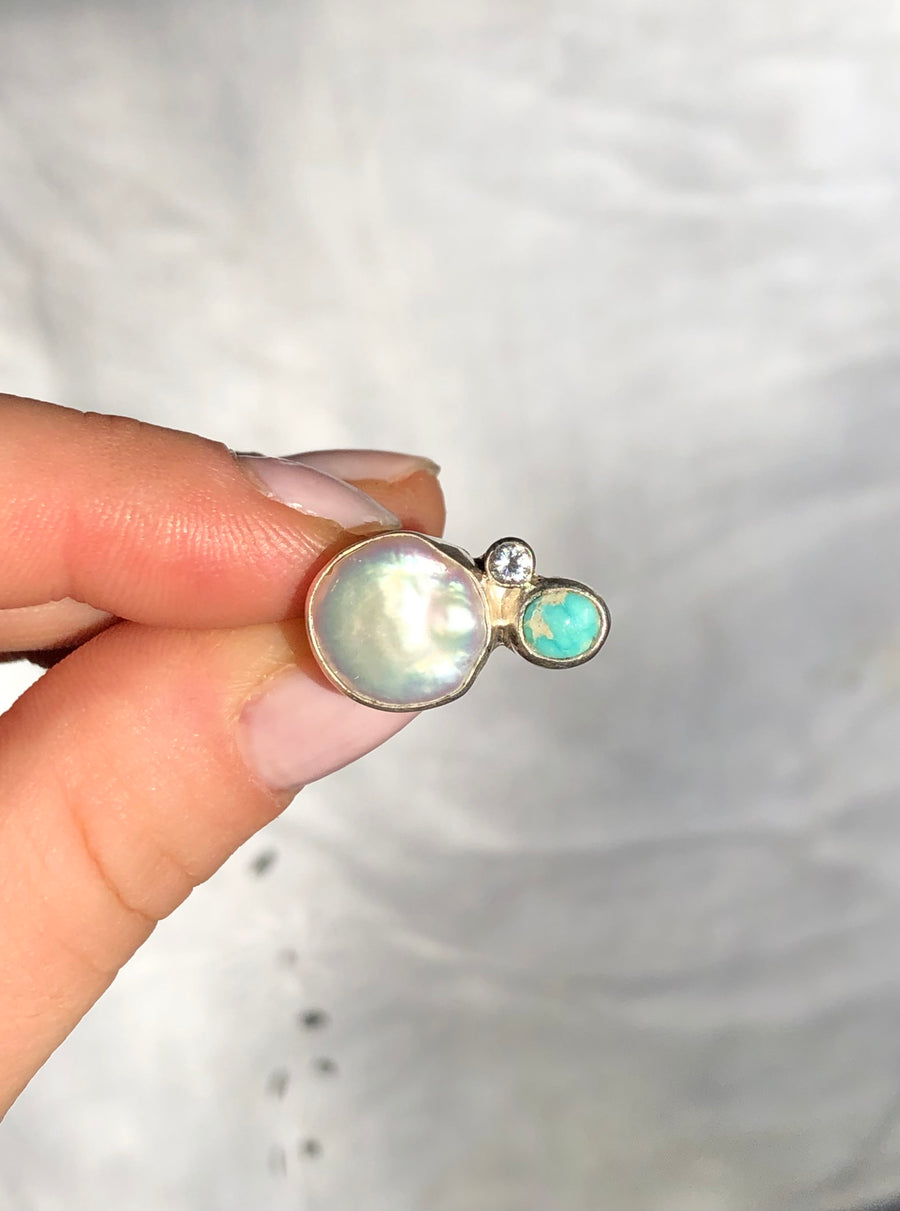 PERLA // Size 7.5-8 // Freshwater Pearl Cluster Ring // Turquoise