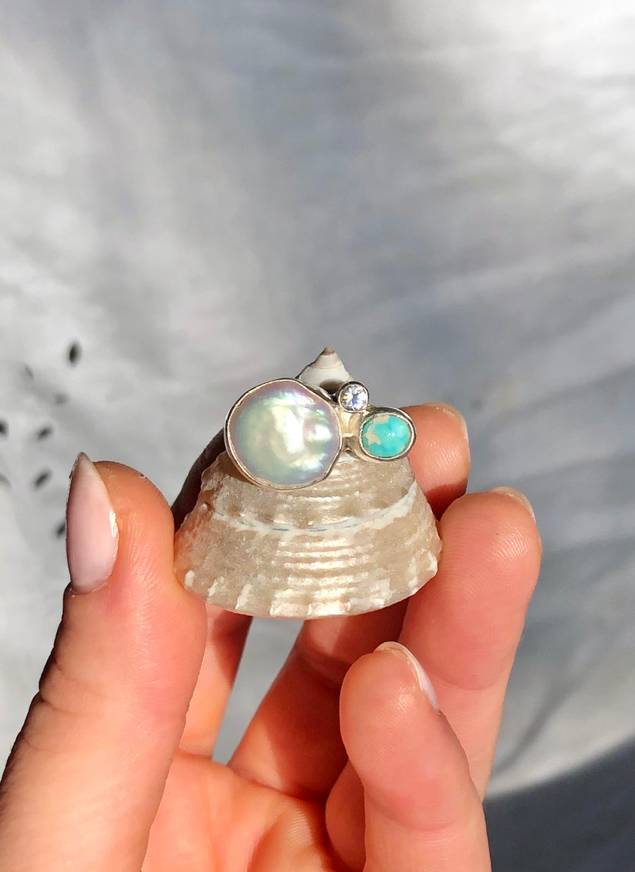 PERLA // Size 7.5-8 // Freshwater Pearl Cluster Ring // Turquoise