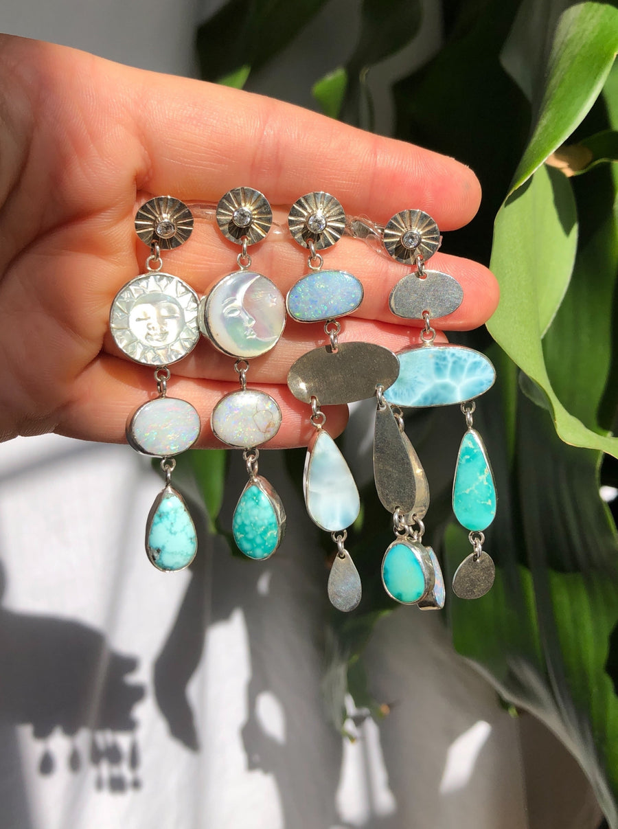 SOLIS Earrings // DISCOUNTED // Carved Mother of Pearl Sun & Moon, Opal & Turquoise