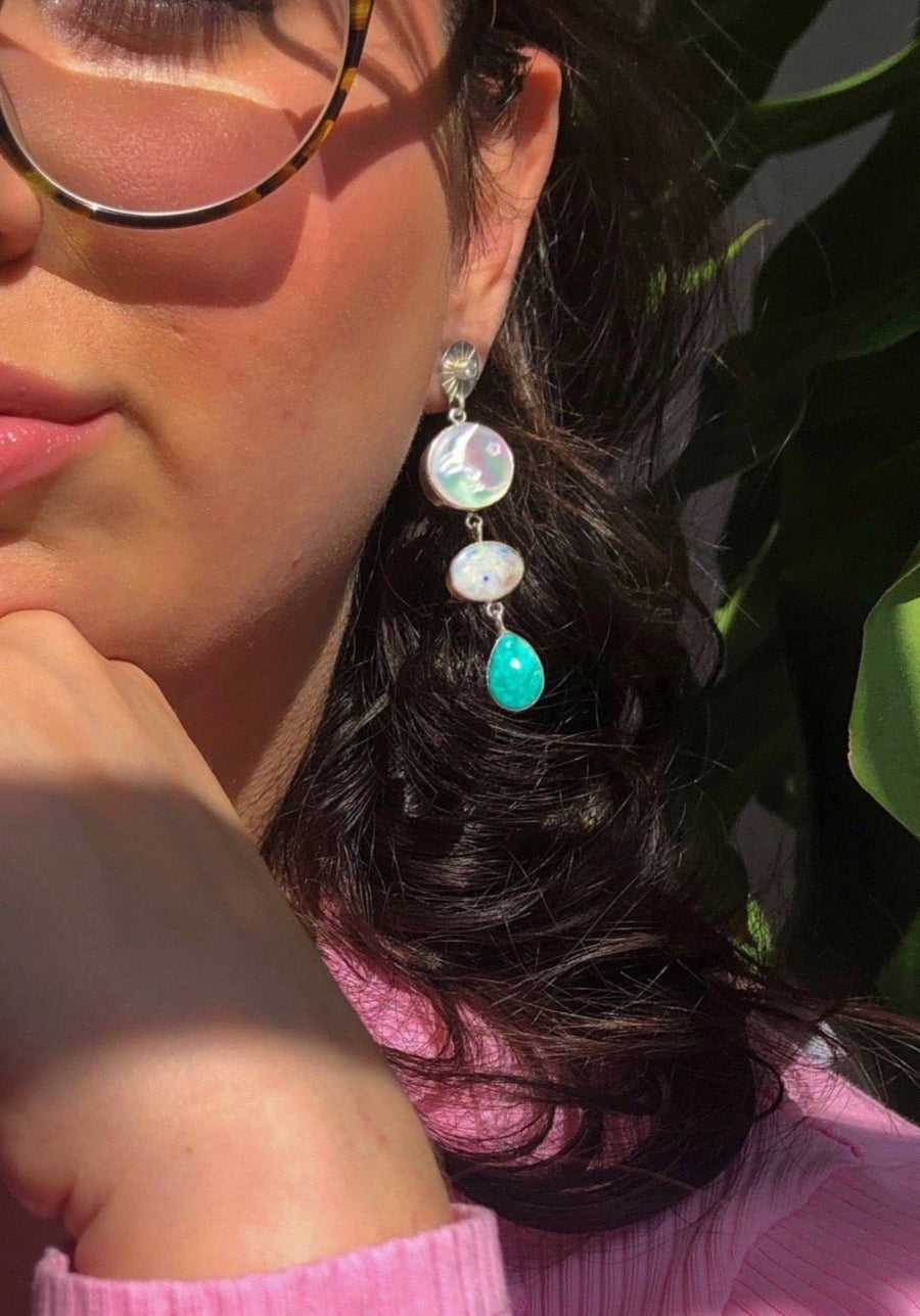 SOLIS Earrings // DISCOUNTED // Carved Mother of Pearl Sun & Moon, Opal & Turquoise